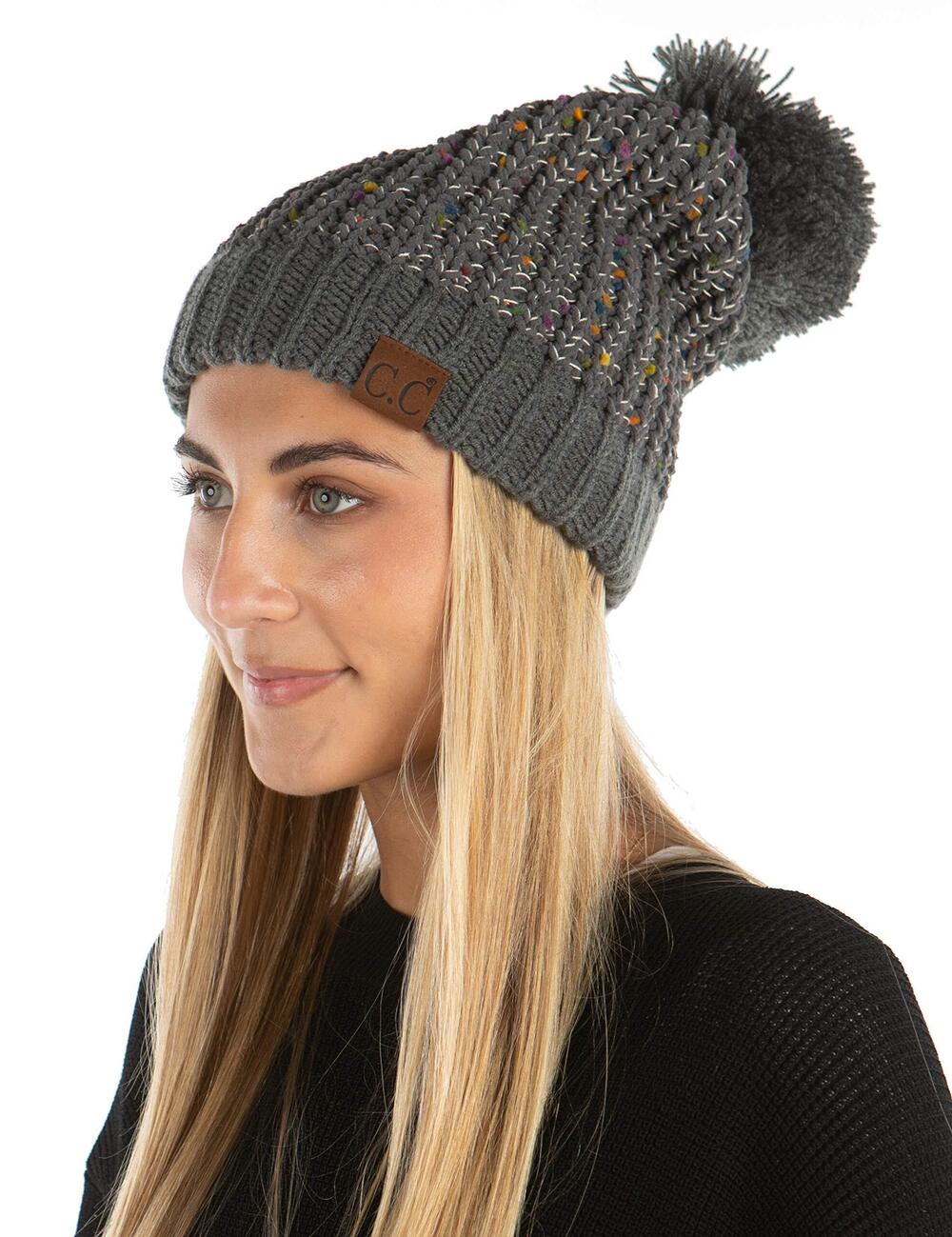 6216 Confetti Knit Beanie Pom Hat Chenille Winter Slouchy Chunky - Charcoal